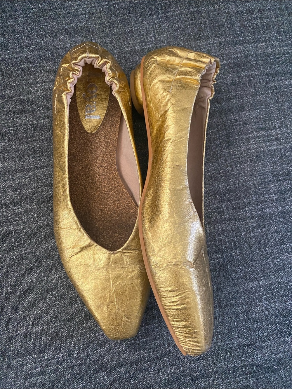 Loyal Made to Order Gold Leather Scrunch Ballet Flats 10 Squared Pointed Toe